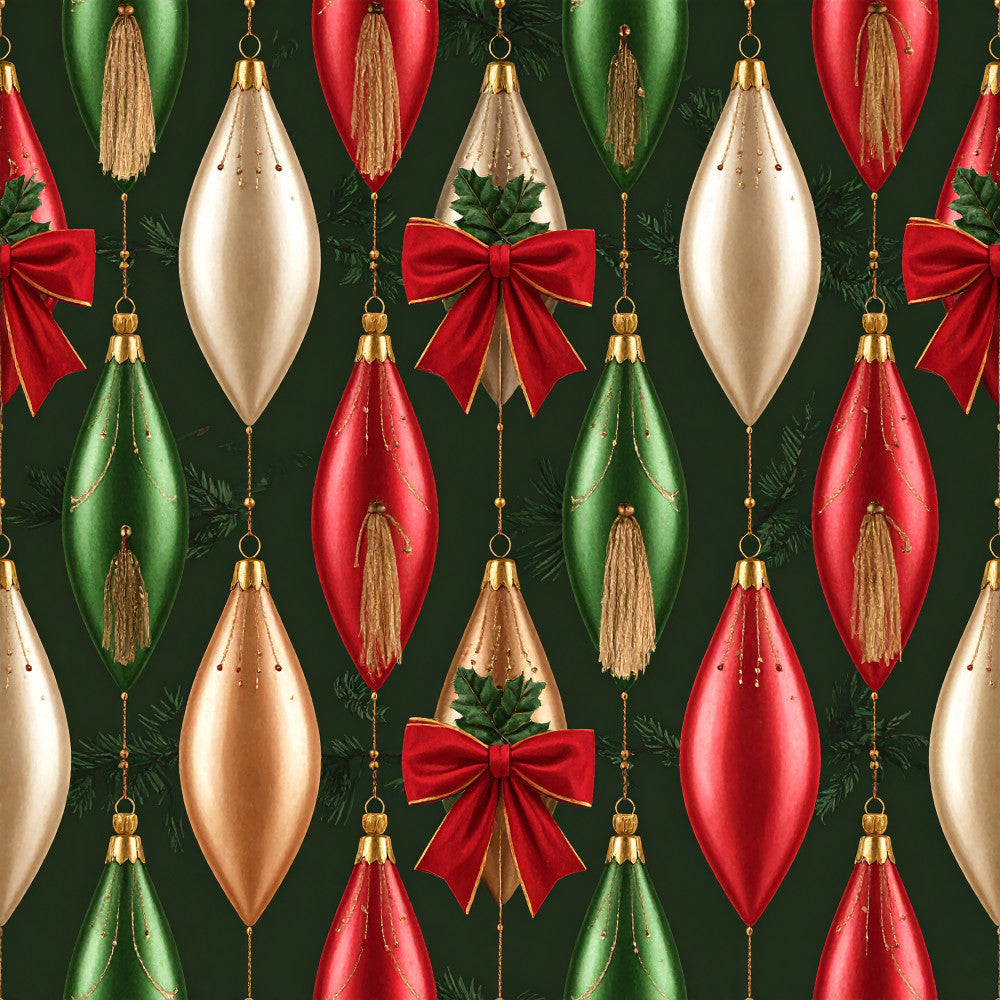 forest green, cream, gold, red, ruby red, emerald green, champagne, metallic gold, christmas ornament, holiday, festive, elegant, luxurious, teardrop, tassel, ribbon bow, evergreen, tinsel, traditional, sophisticated, upscale, winter, yuletide, decorative baubles, shiny, metallic accents, formal holiday, classic christmas, heirloom style