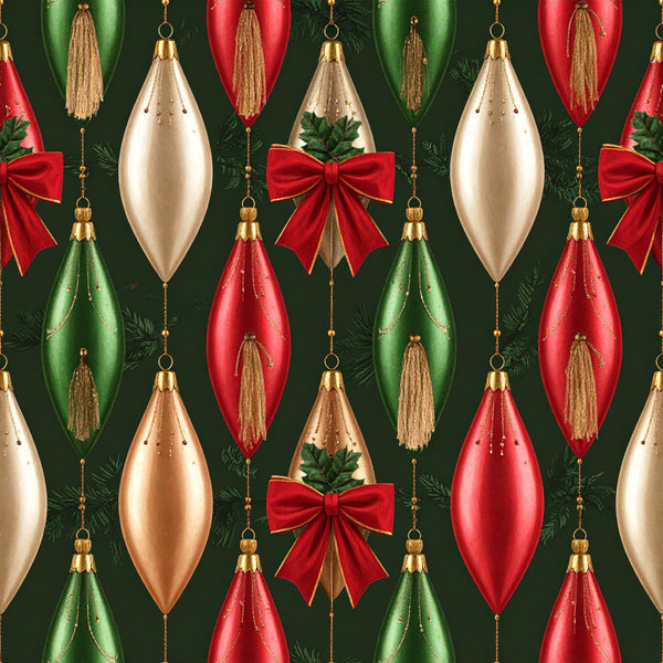 forest green, cream, gold, red, ruby red, emerald green, champagne, metallic gold, christmas ornament, holiday, festive, elegant, luxurious, teardrop, tassel, ribbon bow, evergreen, tinsel, traditional, sophisticated, upscale, winter, yuletide, decorative baubles, shiny, metallic accents, formal holiday, classic christmas, heirloom style