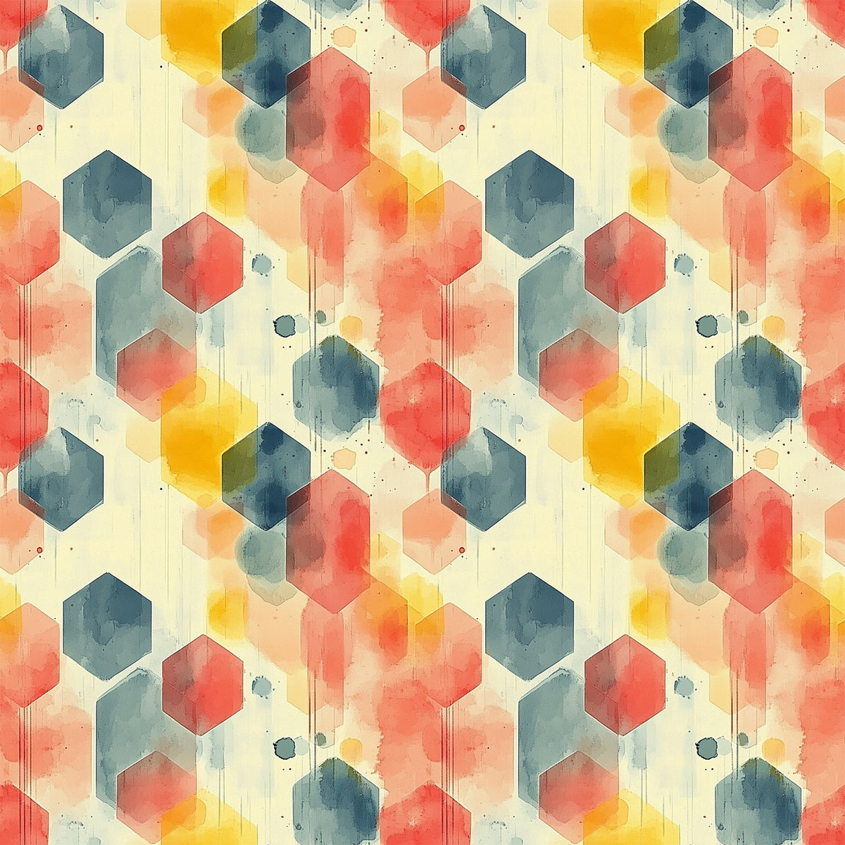 coral, teal, yellow, orange, navy blue, hexagon pattern, geometric shapes, watercolor effect, mid century modern, abstract design, overlapping hexagons, paint drips, splatter details, contemporary art style,, fabric panel, retro aesthetic, modernist pattern, artistic wash, honeycomb structure