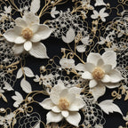 cream, ivory, beige, black background, floral pattern, lace design, tatting motif, roses, botanical elements, vintage style, delicate flowers, ornate details,, fabric panel, elegant design, decorative swirls, feminine aesthetic, intricate lacework, romantic mood, soft tones