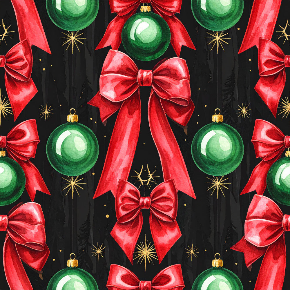 red bows, green ornaments, christmas, holiday, festive, gold stars, sparkly, elegant, traditional, winter, metallic accents, red and green, dark background, shiny baubles, glossy finish, decorative bows, ribbon bows, ornament balls, christmas decorations, formal, classic, seasonal, celebration, dimensional, watercolor style, rich colors, jewel tones, holiday decor, gift wrapping inspired