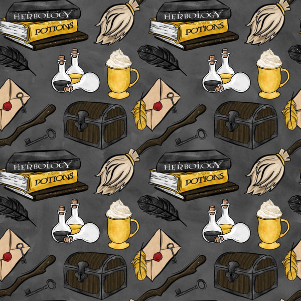 wizard, magic school, herbology, potions, books, broomsticks, feathers, treasure chest, letters, keys, bottles, flasks, mug,, fabric panel, gray background, yellow accents, brown tones, white elements, magical items, wizardry theme, repeating pattern, fantasy motifs