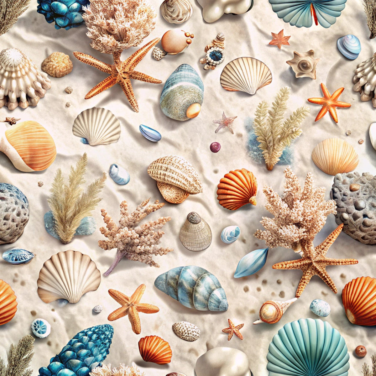 seashells, starfish, coral, ocean treasures, marine life, beach theme, sandy beige, coral orange, turquoise blue, nautical pattern, coastal design,, fabric panel, sea creatures, underwater motifs, tropical colors, aquatic elements, beach collectibles, oceanic artwork, seaside pattern