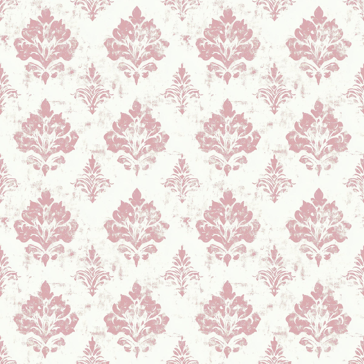 pink, dusty rose, cream, ivory, damask pattern, floral motifs, ornate design, distressed texture, vintage style, shabby chic, baroque elements, decorative flourishes,, fabric panel, romantic aesthetic, weathered appearance, repeating pattern, elegant motifs, soft pastels, antique finish