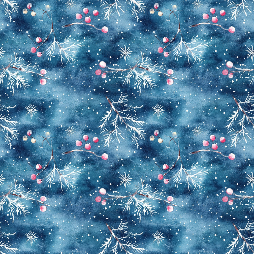 watercolor blue, christmas pattern,, fabric panel, winter berries, pine branches, snowflakes, starry night, deep blue, pink berries, white snow, botanical elements, holiday theme, seamless repeat, watercolor style, winter wonderland, festive design, crafting fabric, seasonal motifs, nature inspired