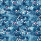 watercolor blue, christmas pattern,, fabric panel, winter berries, pine branches, snowflakes, starry night, deep blue, pink berries, white snow, botanical elements, holiday theme, seamless repeat, watercolor style, winter wonderland, festive design, crafting fabric, seasonal motifs, nature inspired