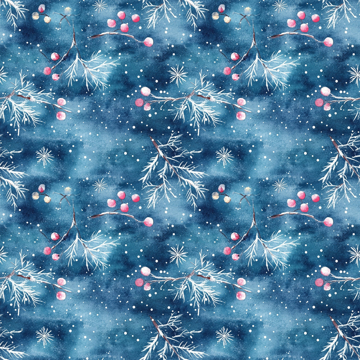 watercolor blue, christmas pattern,, fabric panel, winter berries, pine branches, snowflakes, starry night, deep blue, pink berries, white snow, botanical elements, holiday theme, seamless repeat, watercolor style, winter wonderland, festive design, crafting fabric, seasonal motifs, nature inspired