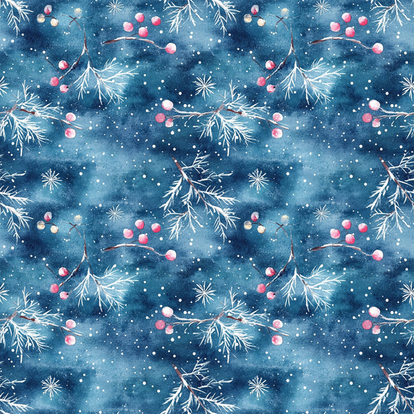 watercolor blue, christmas pattern,, fabric panel, winter berries, pine branches, snowflakes, starry night, deep blue, pink berries, white snow, botanical elements, holiday theme, seamless repeat, watercolor style, winter wonderland, festive design, crafting fabric, seasonal motifs, nature inspired