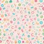 pink background, teal accents, coral pink, yellow highlights, letters and numbers, school supplies, educational theme, scattered pattern, playful design, children's fabric,, back to school, geometric shapes, colorful icons, whimsical style, crafting supplies, alphabet motif, academic elements, cotton panel, bright colors