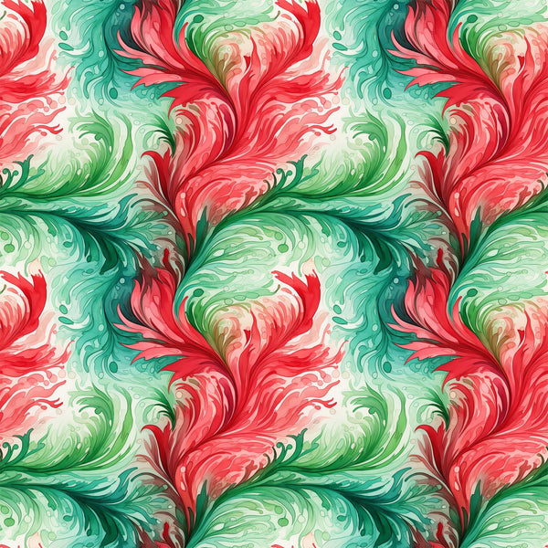 watercolor, christmas swirls, red, green, coral pink, mint green, emerald, flowing patterns, decorative swirls, festive motifs, holiday design, artistic brushstrokes, fluid movement, organic curves,, fabric panel, seamless repeat, winter theme, elegant scrollwork, botanical flourishes