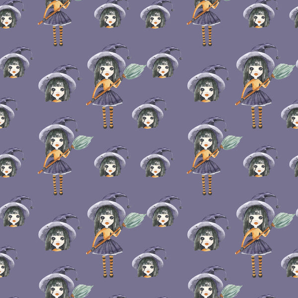 lavender purple, sage green, orange, gray, whimsical, cute, anime style, witch theme, halloween, autumn, magical girl, character design, girl with umbrella, rain themed, striped stockings, dark green hair, fantasy, playful, children's design, kids room, nursery, girls bedroom, magical creatures, kawaii, illustrated characters, pastel goth, enchanted, nature inspired, seasonal autumn