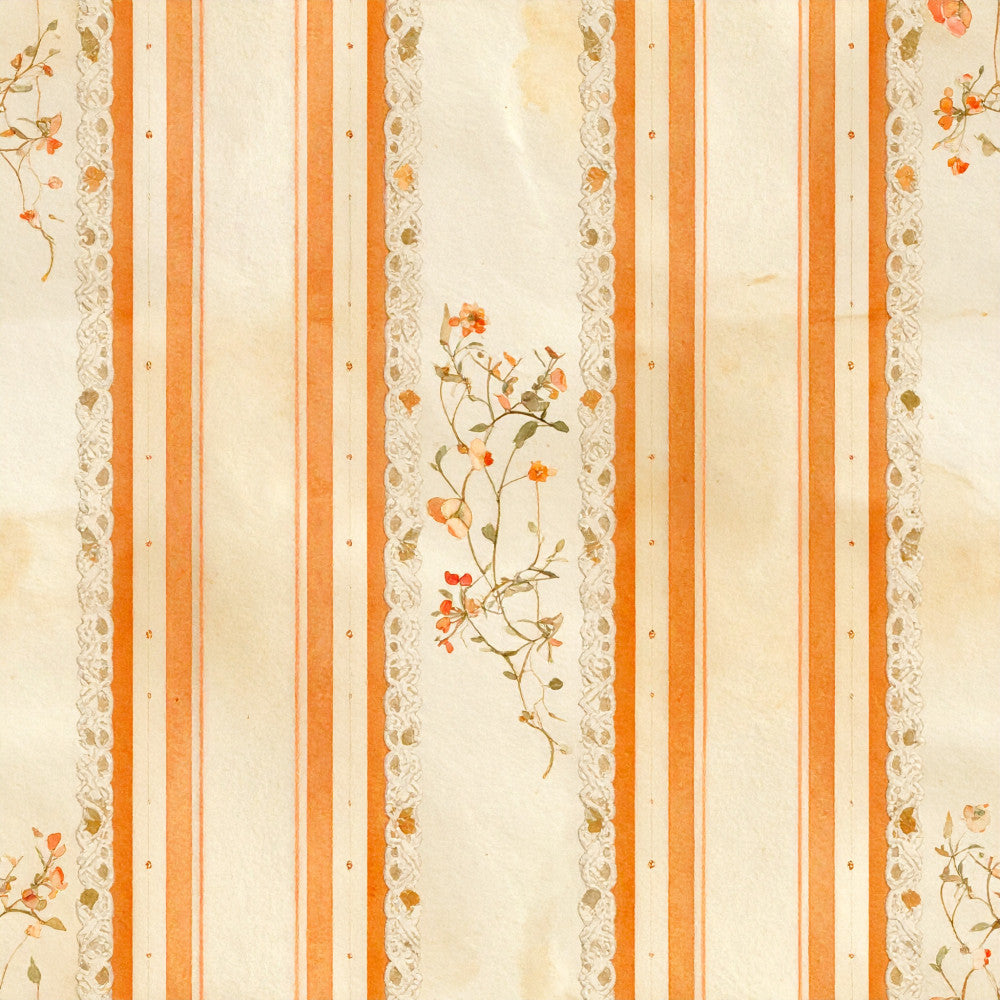 peach, cream, ivory, orange, lace trim, striped, floral, vintage, delicate flowers, botanical, cottage core, farmhouse, elegant, romantic, traditional, spring, summer, nature-inspired, small flowers, berry sprigs, garden flowers, classic stripes, lace border, feminine, shabby chic, timeless, gentle, soft aesthetic