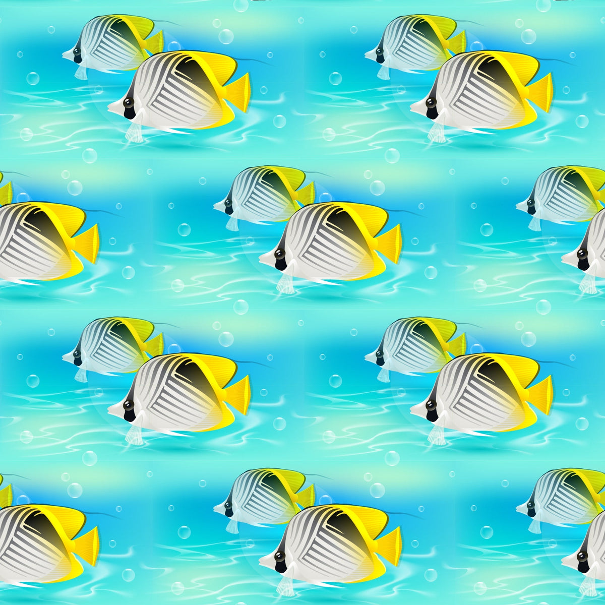 turquoise, aqua blue, yellow, tropical fish, butterflyfish, underwater scene, ocean bubbles, seamless repeat, swimming fish, coral reef fish, marine life,, fabric panel, summer theme, beach vibes, water ripples, sea creatures, tropical pattern, aquatic design, bright colors