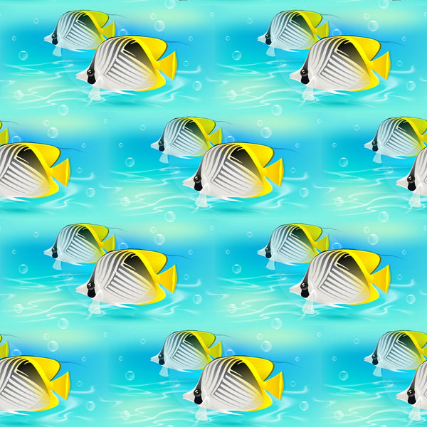 turquoise, aqua blue, yellow, tropical fish, butterflyfish, underwater scene, ocean bubbles, seamless repeat, swimming fish, coral reef fish, marine life,, fabric panel, summer theme, beach vibes, water ripples, sea creatures, tropical pattern, aquatic design, bright colors