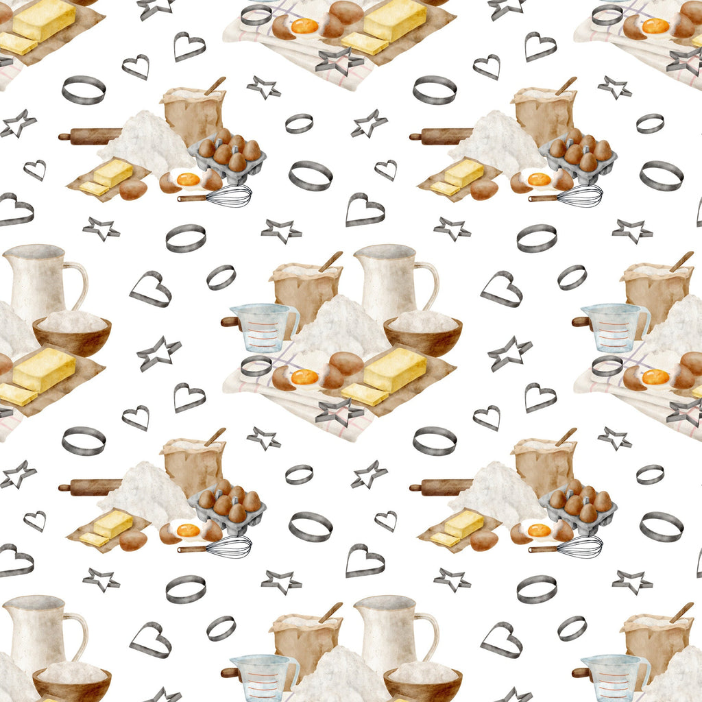 watercolor, baking pattern,, fabric panel, kitchen utensils, eggs, butter, flour, measuring cups, rolling pin, whisk, cookie cutters, heart shapes, star shapes, baking ingredients, cooking tools, neutral tones, beige, brown, yellow, white background, repeating pattern, culinary theme, kitchen accessories
