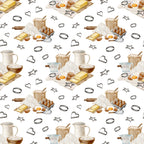 watercolor, baking pattern,, fabric panel, kitchen utensils, eggs, butter, flour, measuring cups, rolling pin, whisk, cookie cutters, heart shapes, star shapes, baking ingredients, cooking tools, neutral tones, beige, brown, yellow, white background, repeating pattern, culinary theme, kitchen accessories