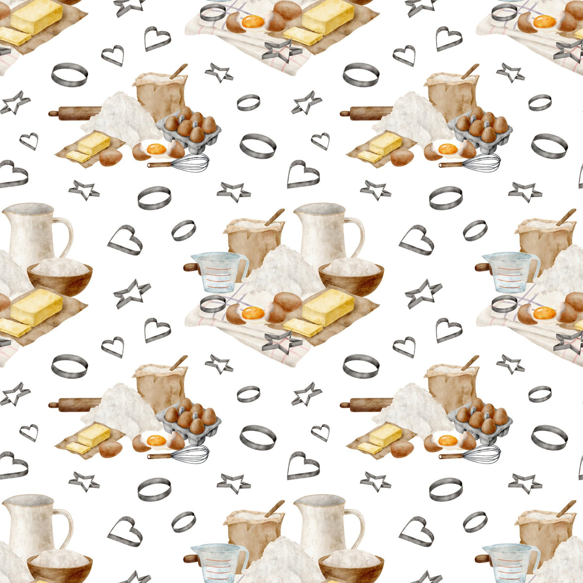 watercolor, baking pattern,, fabric panel, kitchen utensils, eggs, butter, flour, measuring cups, rolling pin, whisk, cookie cutters, heart shapes, star shapes, baking ingredients, cooking tools, neutral tones, beige, brown, yellow, white background, repeating pattern, culinary theme, kitchen accessories