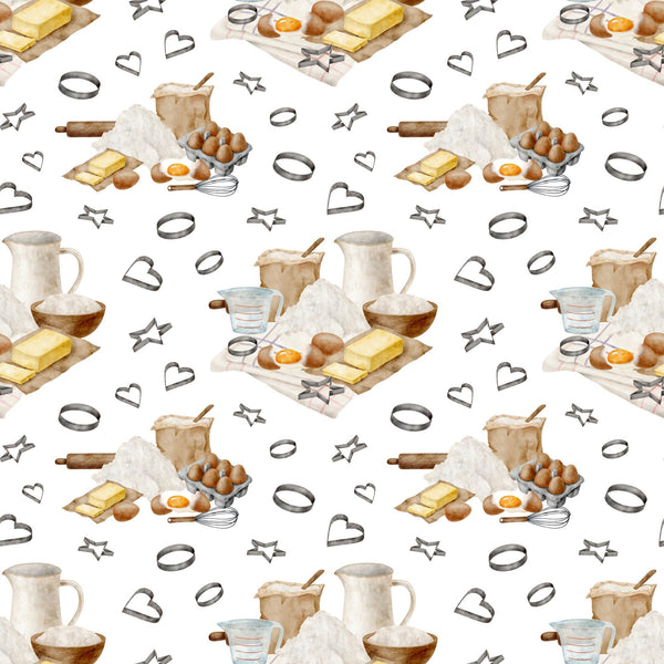 watercolor, baking pattern,, fabric panel, kitchen utensils, eggs, butter, flour, measuring cups, rolling pin, whisk, cookie cutters, heart shapes, star shapes, baking ingredients, cooking tools, neutral tones, beige, brown, yellow, white background, repeating pattern, culinary theme, kitchen accessories