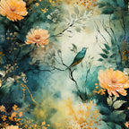 tropical bird, orange flowers, teal background, watercolor style, hummingbird, peach blooms, sage green, golden accents, botanical design, nature scene,, fabric panel, autumn colors, floral motif, dreamy atmosphere, layered petals, branch perch, artistic illustration, soft pastels, organic shapes