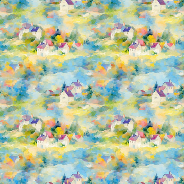 monet inspired, impressionist style, village houses, cottage scene, watercolor effect, pastel colors, soft blues, gentle yellows, lavender purple, sage green, peachy pink, dreamy atmosphere, artistic brushstrokes,, fabric panel, repeating pattern, countryside landscape, whimsical buildings, painterly texture, serene mood