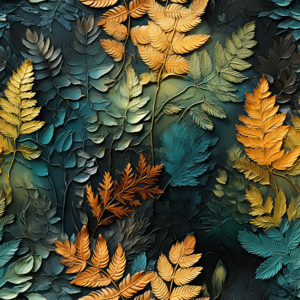 teal, orange, golden yellow, sage green, burnt orange, fern leaves, tropical foliage, botanical pattern, layered leaves, autumn colors,, fabric panel, nature motif, dimensional effect, textured appearance, seasonal transition, warm tones, cool tones, organic shapes, artistic rendering