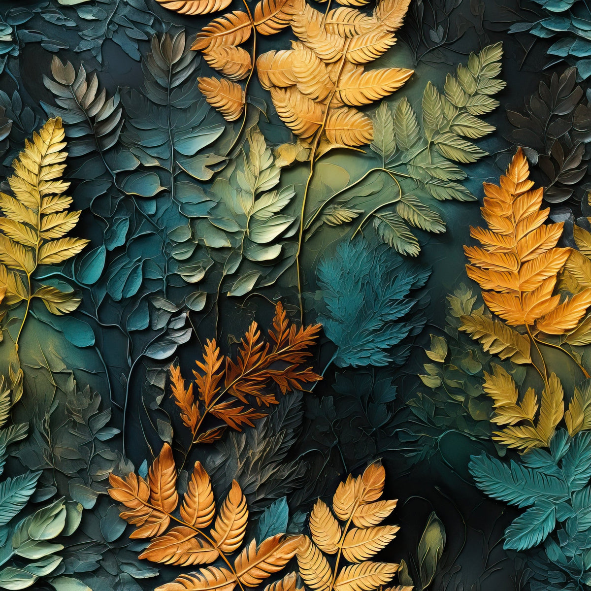 teal, orange, golden yellow, sage green, burnt orange, fern leaves, tropical foliage, botanical pattern, layered leaves, autumn colors,, fabric panel, nature motif, dimensional effect, textured appearance, seasonal transition, warm tones, cool tones, organic shapes, artistic rendering