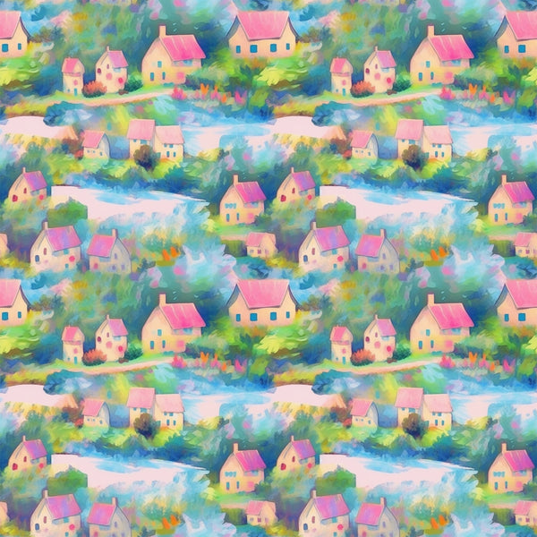impressionist style, watercolor houses, pink roofs, blue windows, pastel colors, village scene, cottages, green foliage, soft brushstrokes, dreamy landscape,, fabric panel, artistic pattern, peaceful village, colorful homes, garden flowers, whimsical houses, monet inspired, painterly effect, repeating motif
