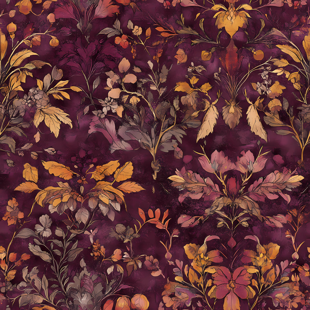 burgundy floral, deep plum, golden yellow, burnt orange, dusty rose, autumn flowers, vintage botanical, moody florals, dark burgundy, warm autumn tones, traditional floral, elegant, romantic, nature-inspired, flower motifs, leaves, petals, botanical print, fall colors, jewel tones, muted colors, artistic floral, cottage core, timeless design, classic floral, warm color palette, sunset colors, botanical garden, heritage print