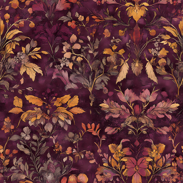 burgundy floral, deep plum, golden yellow, burnt orange, dusty rose, autumn flowers, vintage botanical, moody florals, dark burgundy, warm autumn tones, traditional floral, elegant, romantic, nature-inspired, flower motifs, leaves, petals, botanical print, fall colors, jewel tones, muted colors, artistic floral, cottage core, timeless design, classic floral, warm color palette, sunset colors, botanical garden, heritage print