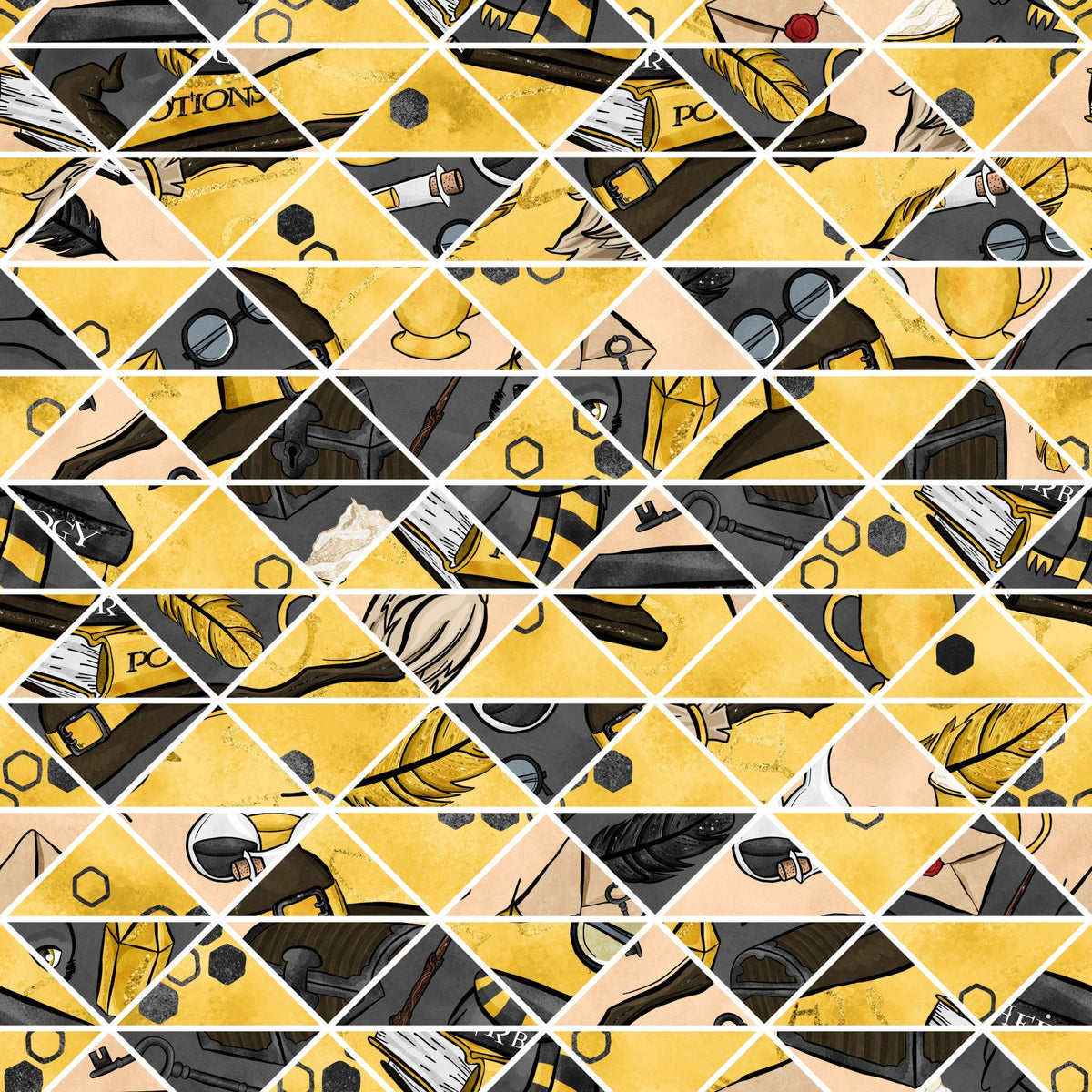 mustard yellow, charcoal gray, peach, diamond pattern, geometric layout, wizard theme, magical elements, feathers, hexagons, potion bottles, wizard hats, spell books, mystical objects, fantasy motifs,, fabric panel, whimsical illustration, magical school, enchanted items, occult symbols