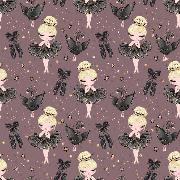 mauve background, blonde ballerina, black tutu, ballet shoes, swan motif, gold stars, crown tiara, ribbon bow, whimsical illustration, cute character, dance theme, elegant pattern,, fabric panel, soft pastels, repeating design, children's fabric, nursery decor, graceful pose, sparkle accents