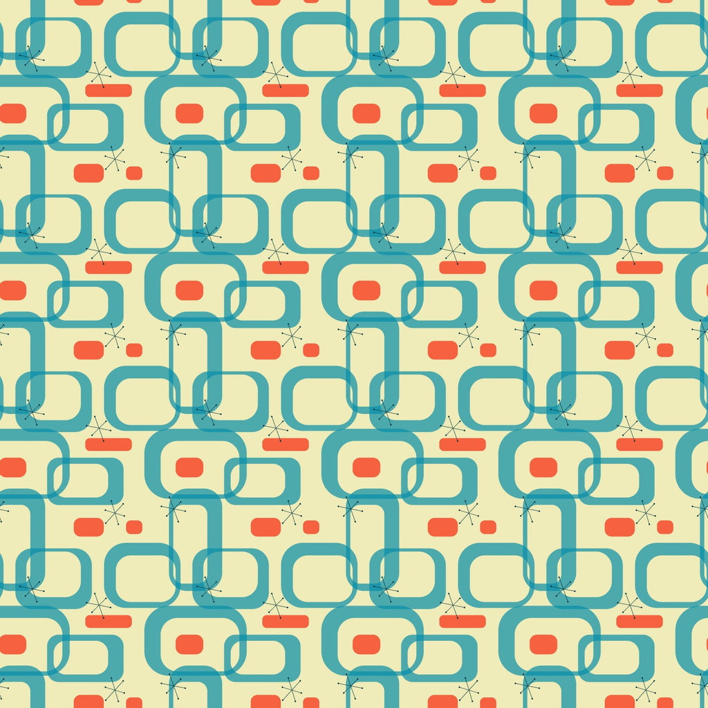 teal, orange, cream, atomic age, mid-century modern, geometric shapes, interlocking chains, starburst motifs, retro pattern, 1950s style,, fabric panel, vintage design, atomic elements, boomerang shapes, rectangular forms, modernist aesthetic, repetitive pattern, coral accents, turquoise blue