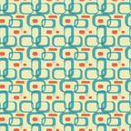 teal, orange, cream, atomic age, mid-century modern, geometric shapes, interlocking chains, starburst motifs, retro pattern, 1950s style,, fabric panel, vintage design, atomic elements, boomerang shapes, rectangular forms, modernist aesthetic, repetitive pattern, coral accents, turquoise blue
