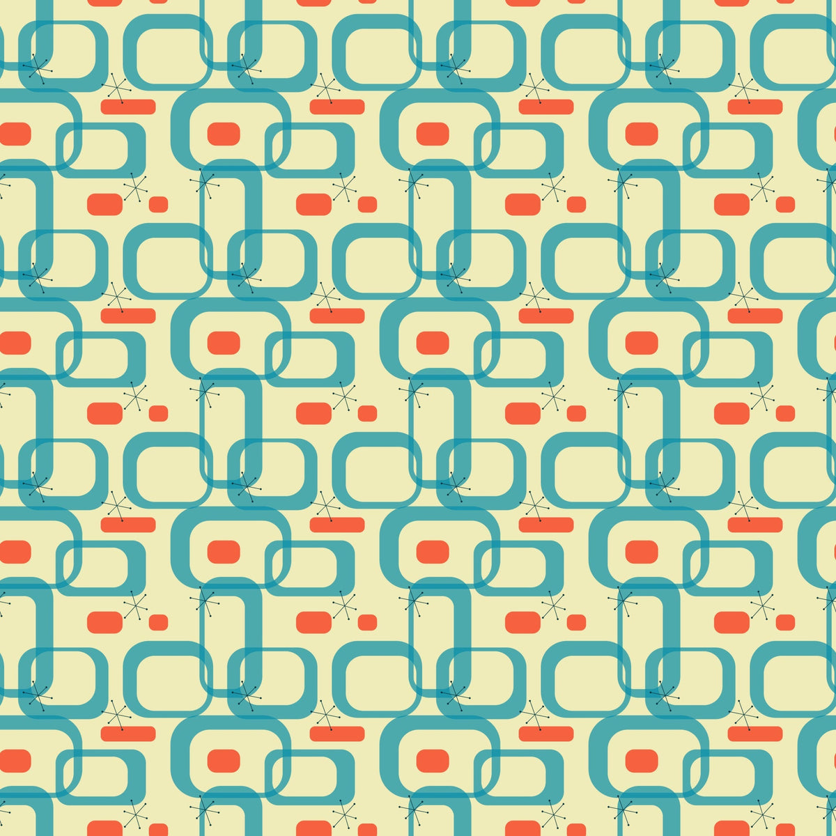 teal, orange, cream, atomic age, mid-century modern, geometric shapes, interlocking chains, starburst motifs, retro pattern, 1950s style,, fabric panel, vintage design, atomic elements, boomerang shapes, rectangular forms, modernist aesthetic, repetitive pattern, coral accents, turquoise blue