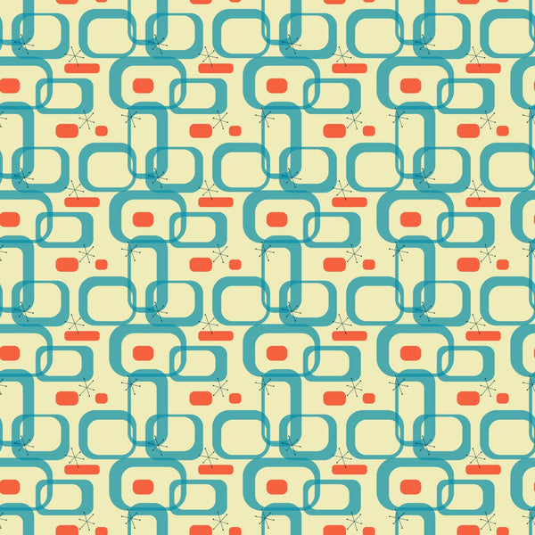 teal, orange, cream, atomic age, mid-century modern, geometric shapes, interlocking chains, starburst motifs, retro pattern, 1950s style,, fabric panel, vintage design, atomic elements, boomerang shapes, rectangular forms, modernist aesthetic, repetitive pattern, coral accents, turquoise blue