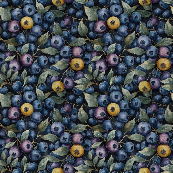 navy blue, blueberry, dusty purple, mauve, golden yellow, dark background, berries, blueberries, fruit, botanical, nature, floral, leaves, garden, vintage, traditional, elegant, rustic, farmhouse, summer, autumn, nursery, kids room, playroom, natural, realistic, detailed, berry picking, orchard, cottage core