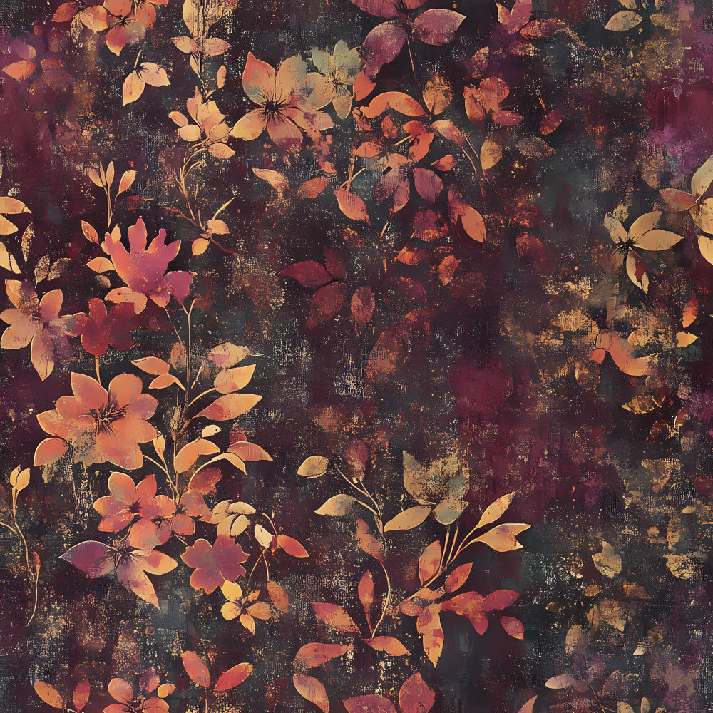 autumn floral, burnt orange, coral pink, deep burgundy, rustic, vintage, nature, flowers, botanical, distressed, moody, warm tones, fall colors, dark background, golden accents, elegant, traditional, garden flowers, earthy tones, romantic, antique, weathered, warm autumn palette, spice tones, rich colors, floral branches, artistic, painterly, dusty rose, terracotta