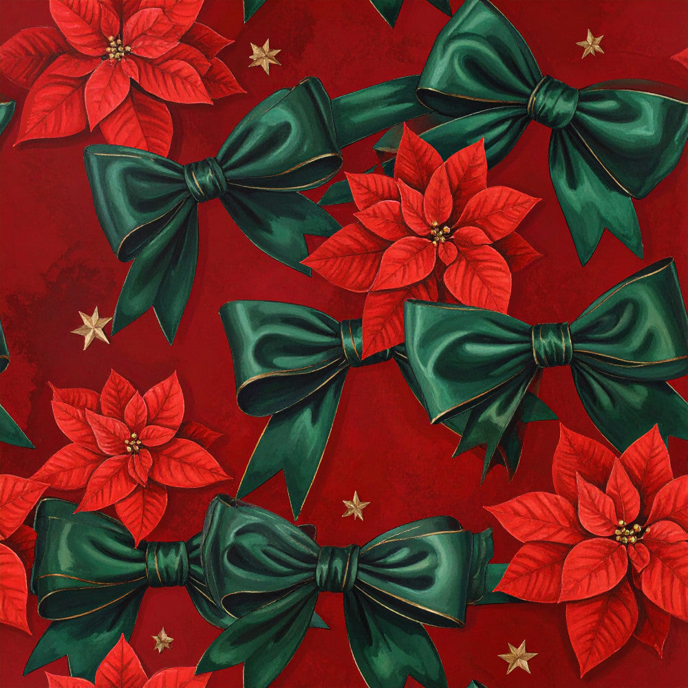 crimson red, forest green, deep red, emerald green, gold accents, poinsettia, holiday, christmas, festive, bows, ribbons, floral, nature, elegant, traditional, winter, seasonal, stars, metallic gold, luxe, botanical, celebration, decorative, refined, classic, victorian-inspired, formal, upscale