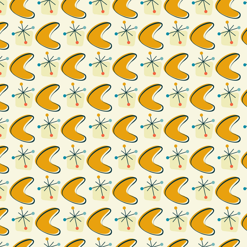 orange, mustard yellow, teal blue, coral pink, cream background, boomerang shapes, atomic starbursts, mid-century modern, retro pattern, geometric design, 1950s style, atomic age,, fabric panel, starburst motifs, kidney shapes, repeating pattern, vintage inspired, modernist design