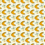 orange, mustard yellow, teal blue, coral pink, cream background, boomerang shapes, atomic starbursts, mid-century modern, retro pattern, geometric design, 1950s style, atomic age,, fabric panel, starburst motifs, kidney shapes, repeating pattern, vintage inspired, modernist design