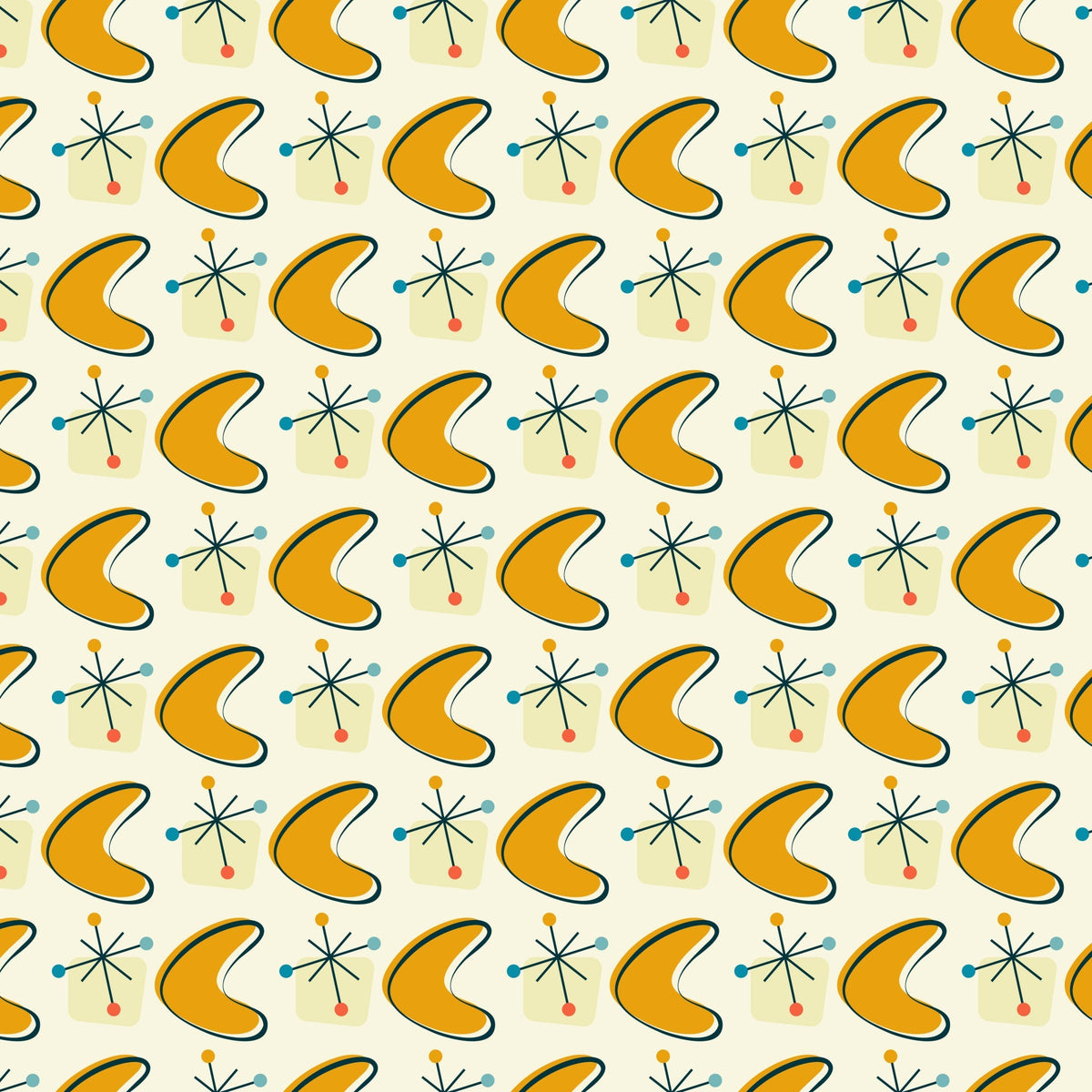 orange, mustard yellow, teal blue, coral pink, cream background, boomerang shapes, atomic starbursts, mid-century modern, retro pattern, geometric design, 1950s style, atomic age,, fabric panel, starburst motifs, kidney shapes, repeating pattern, vintage inspired, modernist design