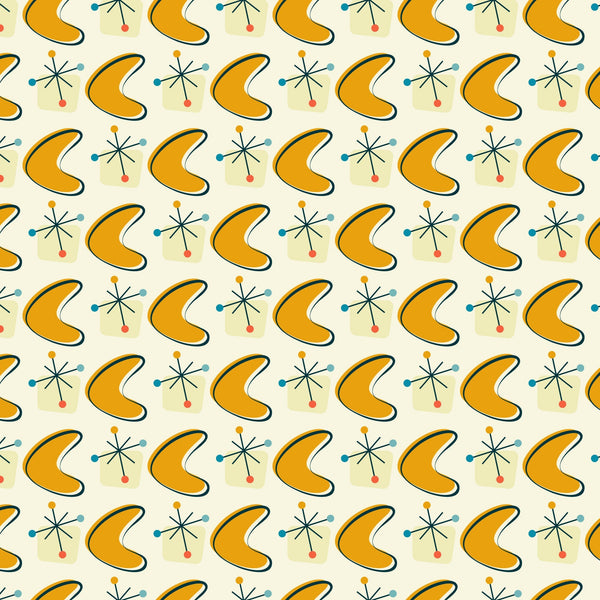 orange, mustard yellow, teal blue, coral pink, cream background, boomerang shapes, atomic starbursts, mid-century modern, retro pattern, geometric design, 1950s style, atomic age,, fabric panel, starburst motifs, kidney shapes, repeating pattern, vintage inspired, modernist design