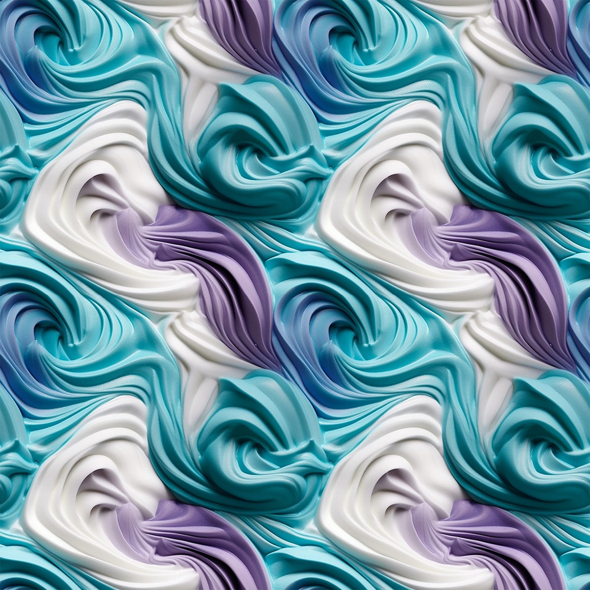 turquoise, teal, purple, lavender, white, cream, swirled frosting, buttercream swirls, dessert pattern, bakery theme, sweet treats, marbled effect, flowing curves, glossy finish,, fabric panel, confectionery design, pastel colors, food motif, creamy texture