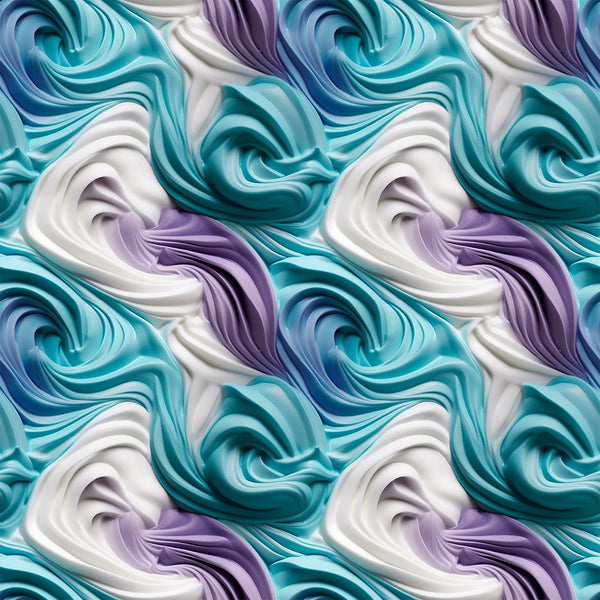turquoise, teal, purple, lavender, white, cream, swirled frosting, buttercream swirls, dessert pattern, bakery theme, sweet treats, marbled effect, flowing curves, glossy finish,, fabric panel, confectionery design, pastel colors, food motif, creamy texture