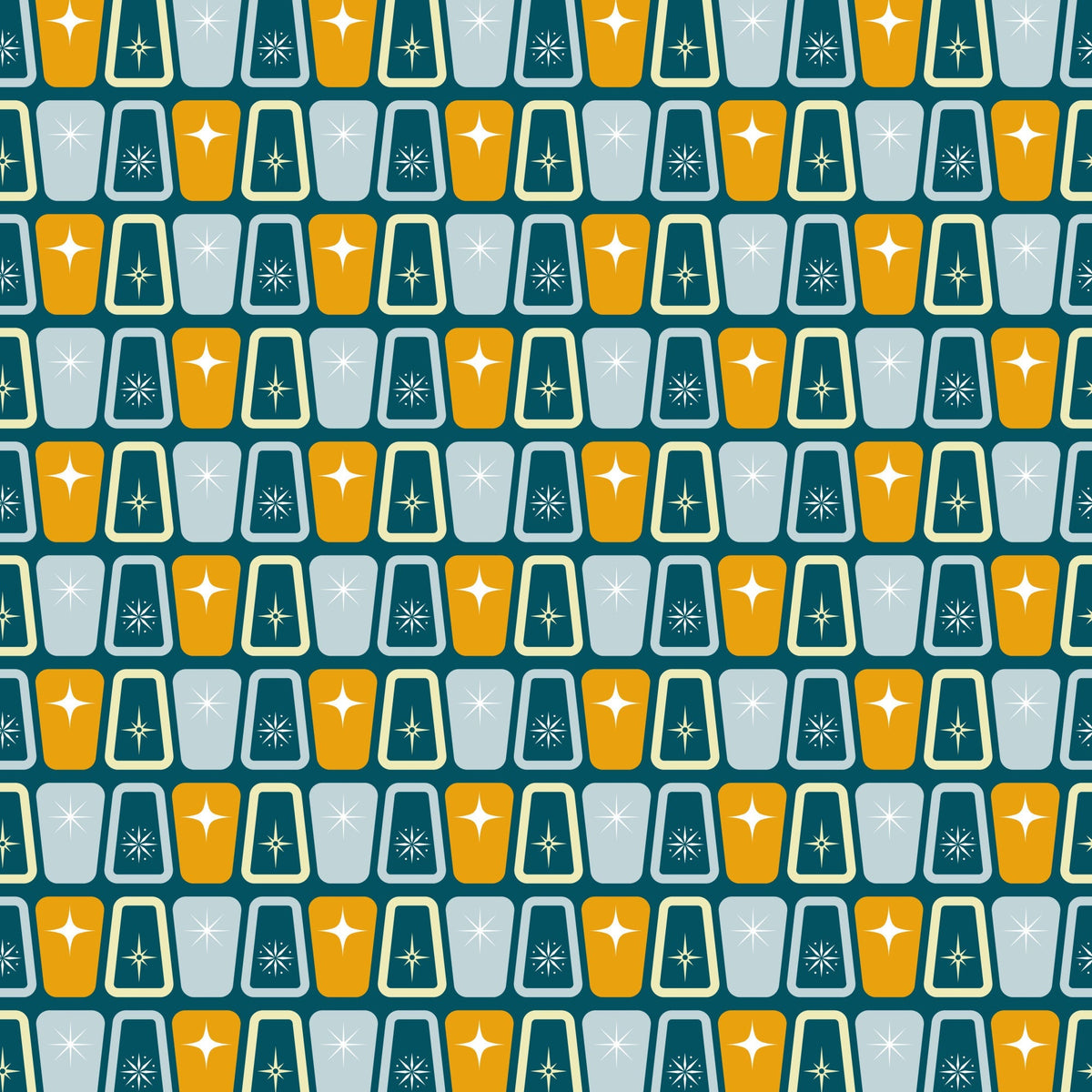 atomic starbursts, mid-century modern, retro pattern, orange, teal, gray, geometric shapes, starburst motifs,, repeating pattern, vintage style, 1950s inspired, angular design, modernist, fabric panel, crafting material, nostalgic, space age, atomic era, symmetrical design
