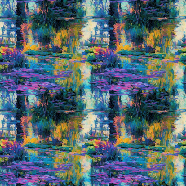 impressionist style, water lilies, pond scene, vibrant blues, purple hues, green foliage, yellow reflections, orange accents, painterly brushstrokes, nature motif, aquatic plants, reflective water, artistic reproduction,, fabric panel, monet inspired, garden scene, peaceful mood, floral elements, impressionist painting