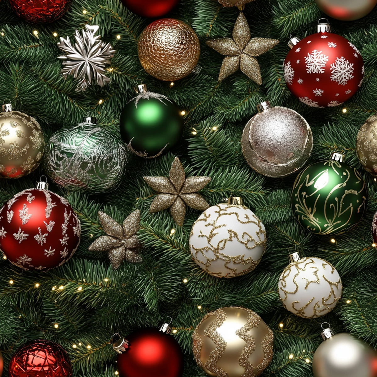 christmas ornaments,, fabric panel, holiday pattern, red baubles, green ornaments, gold decorations, silver baubles, evergreen branches, star ornaments, snowflake designs, festive colors, christmas tree branches, metallic accents, holiday baubles, seasonal fabric, winter theme, ornament collection, christmas decor, holiday crafting