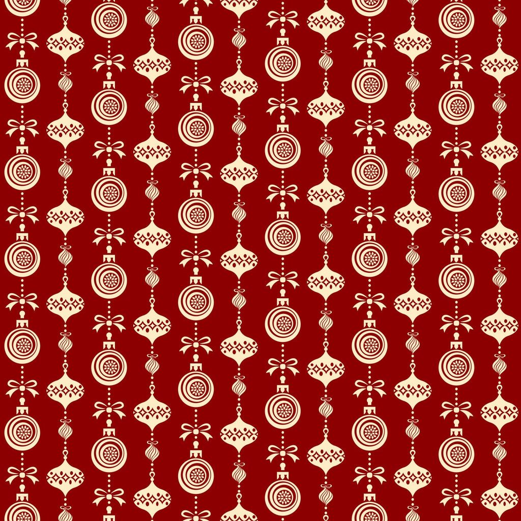 burgundy red, cream white, christmas ornaments, hanging baubles, geometric patterns, repeating design, festive decorations, holiday motifs,, fabric panel, seasonal print, ornament silhouettes, decorative balls, christmas theme, winter holidays, craft fabric, sewing material, coordinating colors, ornamental design, festive pattern