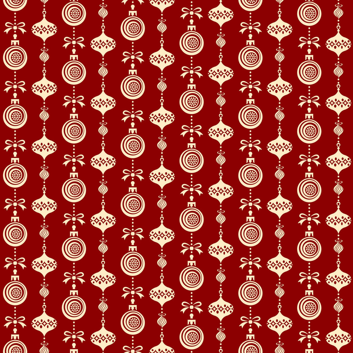 burgundy red, cream white, christmas ornaments, hanging baubles, geometric patterns, repeating design, festive decorations, holiday motifs,, fabric panel, seasonal print, ornament silhouettes, decorative balls, christmas theme, winter holidays, craft fabric, sewing material, coordinating colors, ornamental design, festive pattern