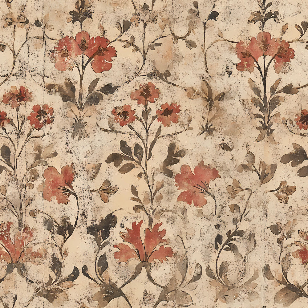 vintage floral, cream background, rust red flowers, dusty rose, coral pink, olive green, dark brown, muted tones, distressed texture, botanical, nature-inspired, cottage style, farmhouse, traditional, elegant, romantic, antique, aged appearance, weathered look, garden flowers, delicate blooms, spring flowers, timeless design, classic pattern, ornamental foliage, european style, heirloom quality, vintage botanical, retro, nostalgic